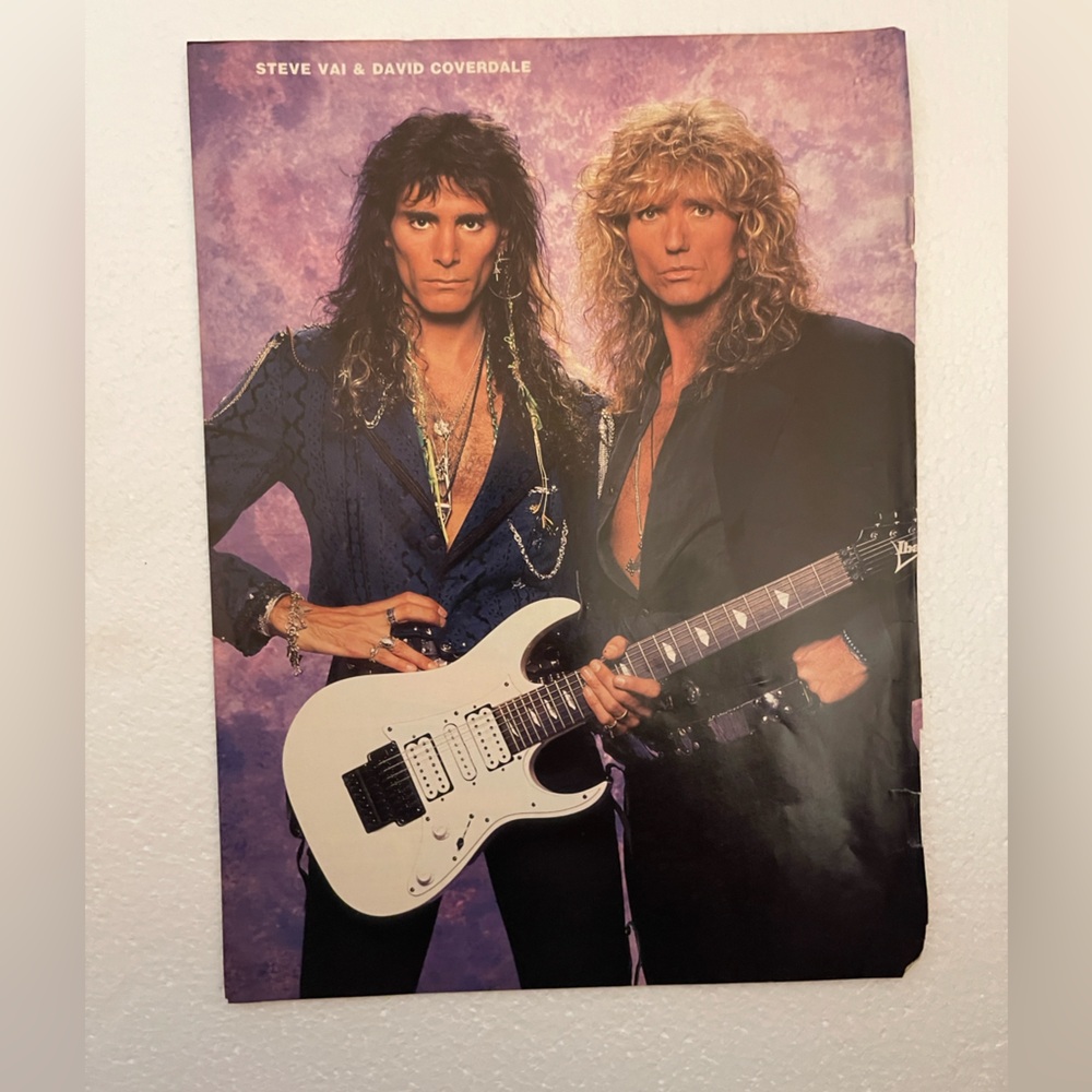 Steve Vai & David Coverdale Pinup — White Guitar on Purple Background